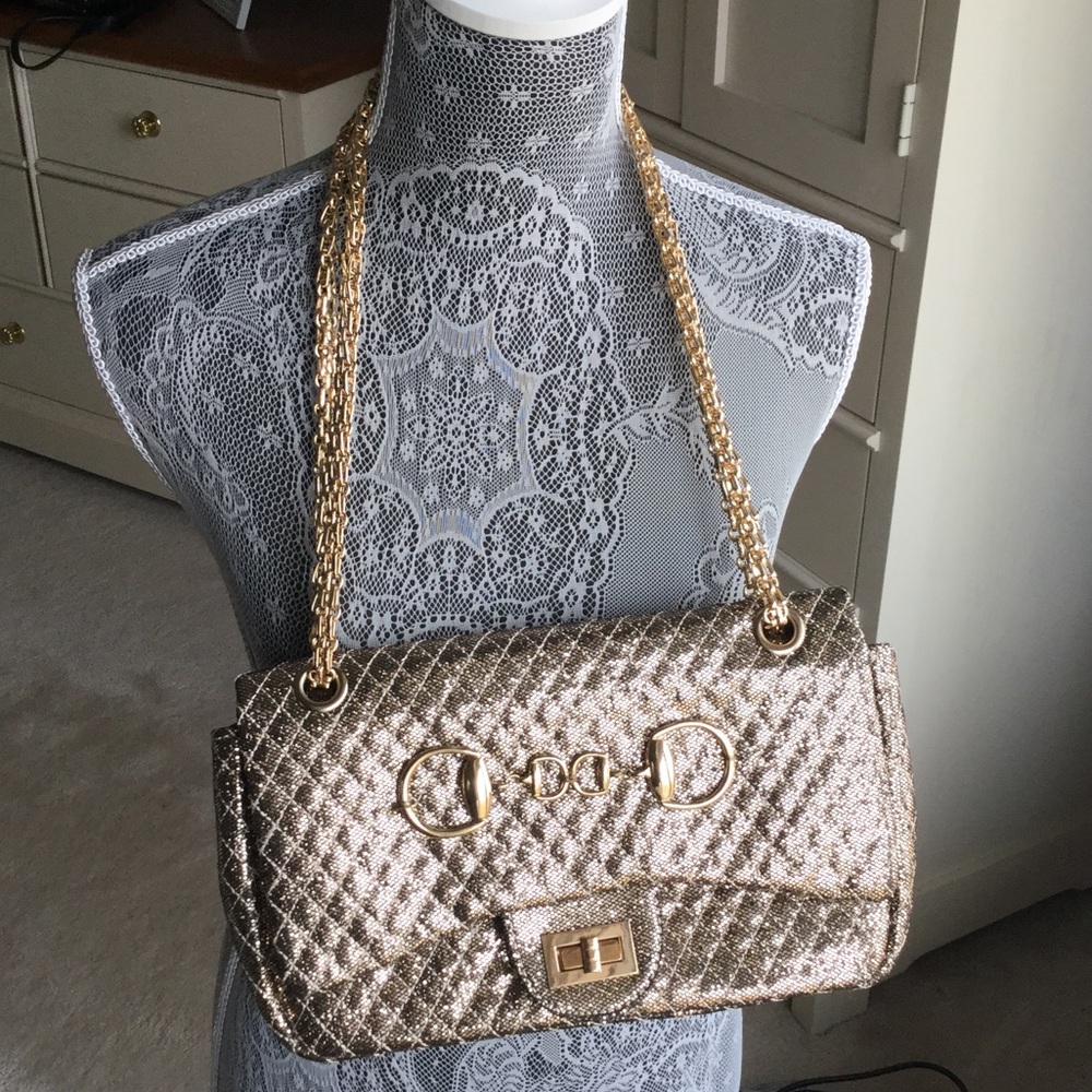 Large gold quilted fabric handbag. A beauty!!